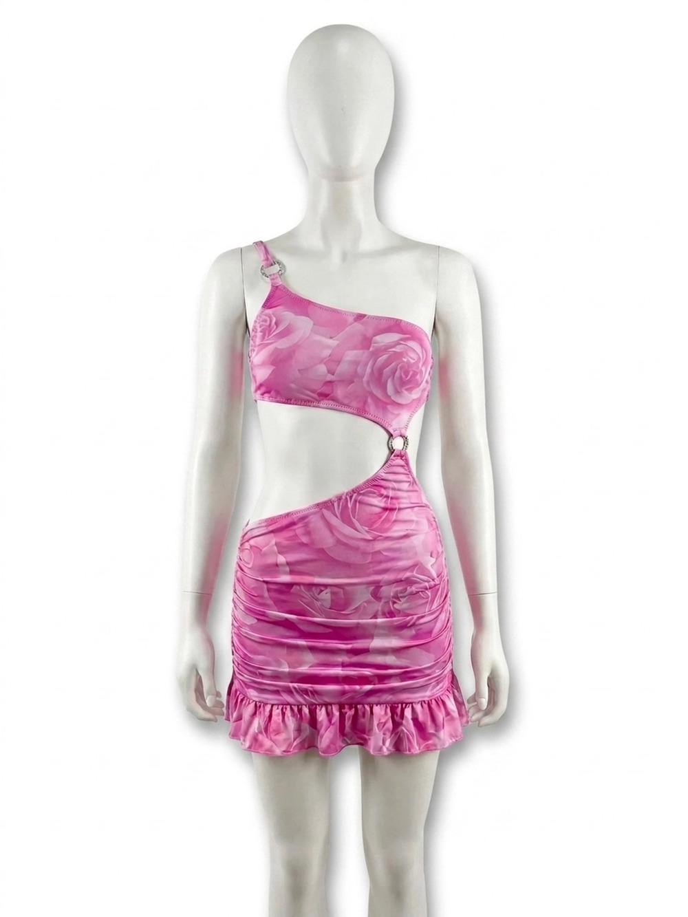 DollsKill Mini Dress | Pink One-Shoulder Cutout | XS | Ruffle Hem Tie-Streamer